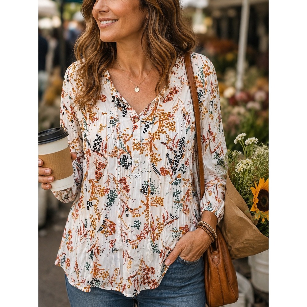 My Danielle Floral Long Sleeve Blouse White Rust Mustard Rayon  Large